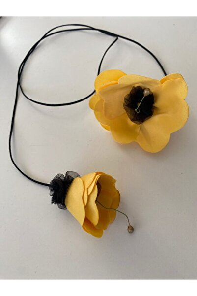 OEM Colier cu 2 flori galbene, boboc si inflorit, cu snur din imitatie piele