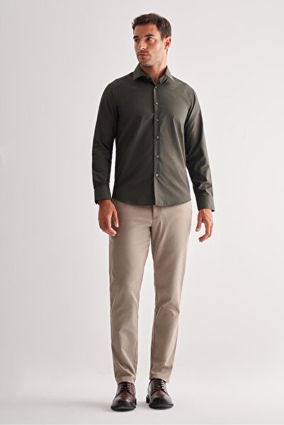 İmza Βαμβακερό πουκάμισο με μακρύ μανίκι εφαρμοστό με σκληρό γιακά χακί 1004255181