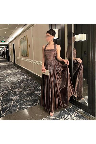 Riva Sexy brown crinkle pleated dress