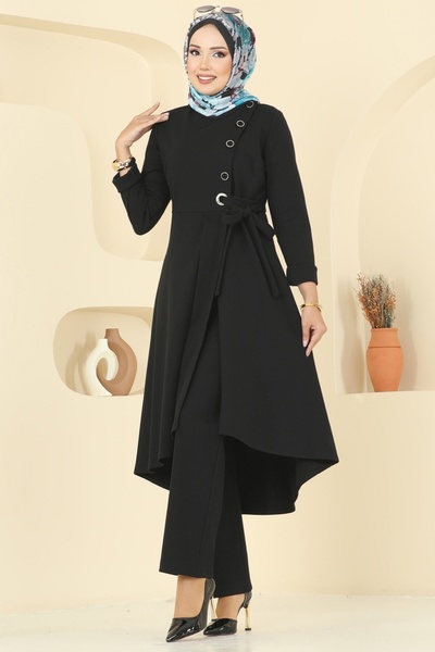 ModaMerve Düğme Detay Yırtmaçlı Tivit Takım 2729SL432-MS Siyah