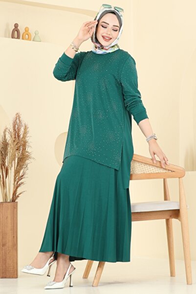 ModaMerve Eteği Piliseli Taşlı Takım 6027UZ662-MS Zümrüt
