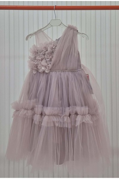 SCZ Pudra Tek Omuz Çiçek Detaylı Tül Kız Çocuk Abiye Elbise