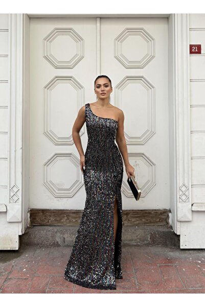 SELİN MODA EVİ فستان مخملي بفتحة وترتر مزين بالشعر من تريند KARISIK 583150