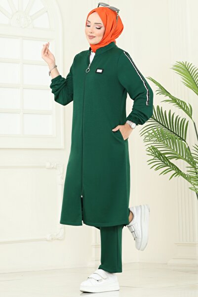 ModaMerve Önden Fermuarlı Üçlü Takım PL9164-MS Zümrüt