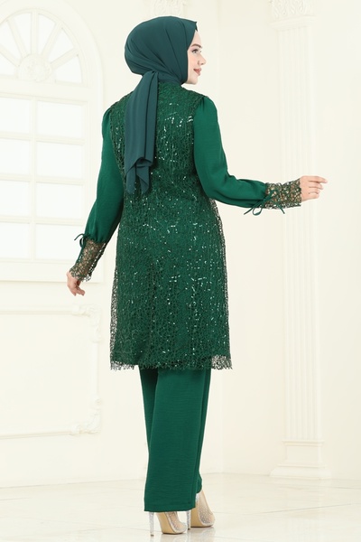 ModaMerve Broşlu File Payet Takım 2547ELC1143-MS Zümrüt