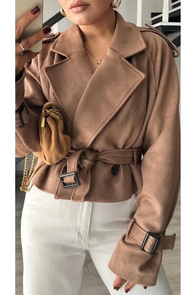 Oslove Vizon Süet Omuz Apoletli Kuşaklı Trençkot