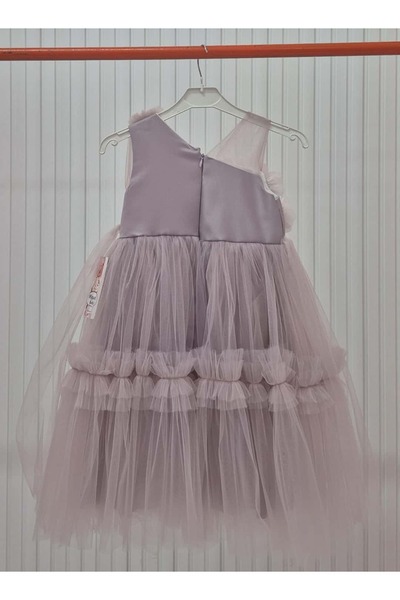 SCZ Pudra Tek Omuz Çiçek Detaylı Tül Kız Çocuk Abiye Elbise