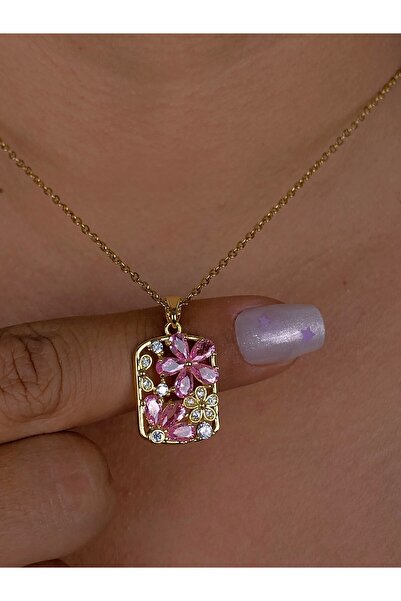 Furtek Aksesuar Minimal Pembe Zirkon Çiçek Sanat Tablosu Kolye Tasarım Çelik Gold Kaplama Hediyelik