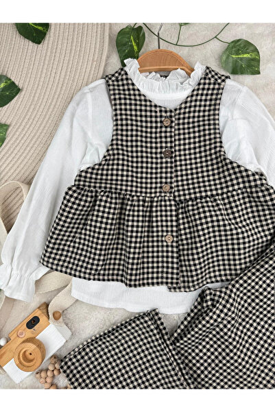 Minizade Premium Quality Girl's 3-Piece Set with Plaid Pattern Shirt Crinkle Suit