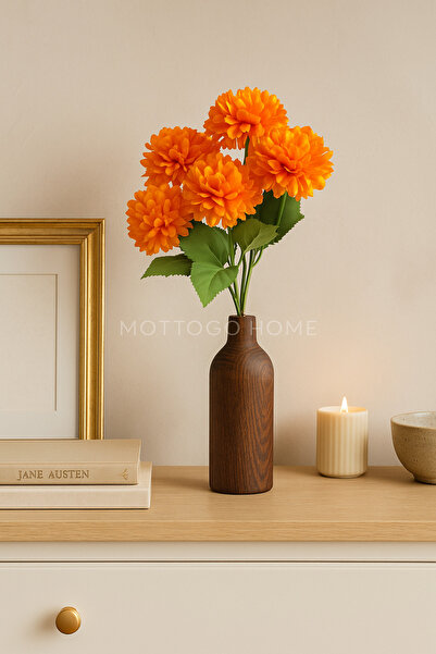 Mottogo Ahşap Silindir Vazolu Yapay Kasımpatı 5 Dal Çiçek