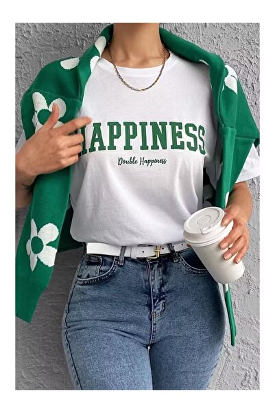 WOODROFFE Γυναικείο μπλουζάκι 'Happiness' με τύπωμα oversized Ασπρόμαυρο