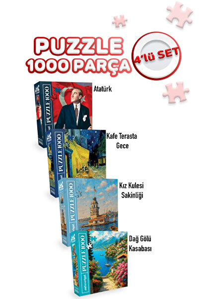 Neverland 4 ADET 1000 PARÇA PUZZLE -KIZ KULESİ SAKİNLİĞİ VE ATATÜRK VE KAFE TERASTA GECE VE DAĞ GÖLÜ KASABASI