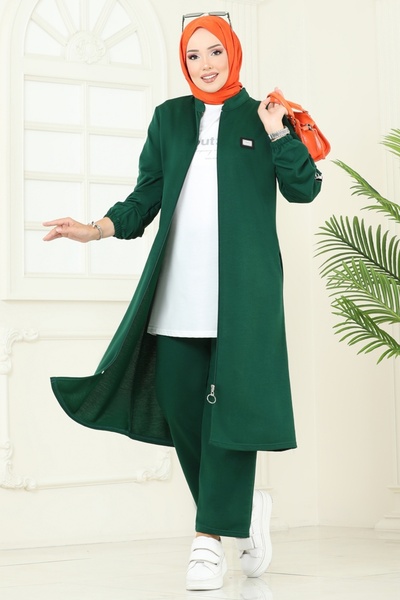 ModaMerve Önden Fermuarlı Üçlü Takım PL9164-MS Zümrüt