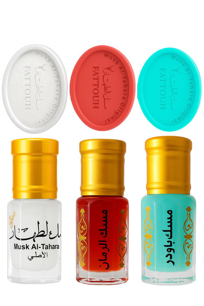 MUSK AL TAHARA 6 منتجات: صابون أبيض + بودرة + صابون برائحة الرمان للمناطق الحساسة والجسم + 6 مل مسك