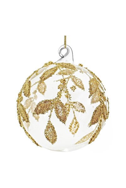 BraziPremium By OLLMA Glob de Crăciun cu frunze și mărgele aurii, 8 cm, trans...