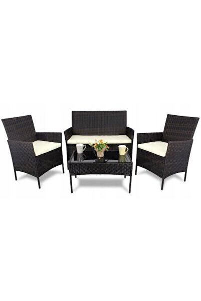 Chomik Set mobilier gradina/terasa, poliratan, maro cu perne crem, 1 masa, 2 fotolii, 1 canapea, Medi