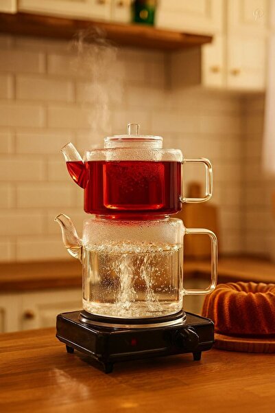 ERKUGO Bohem 1100 ml + 2000 ml Cam Süzgeçli Borosilikat Cam Demlik, Isıya Dayanıklı Cam Kapaklı, Çaydanlık