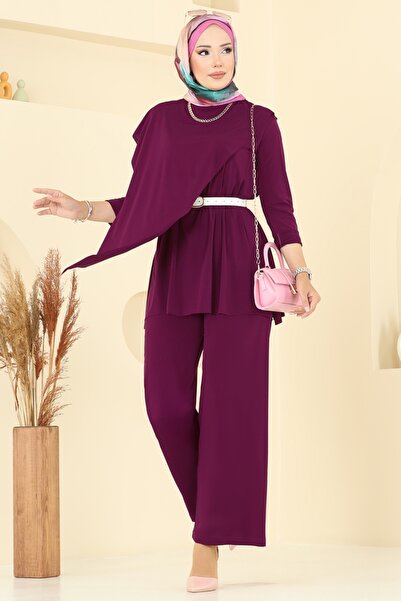 ModaMerve Asimetrik Kesim Sandy Takım 6026UZ662-MS Mürdüm