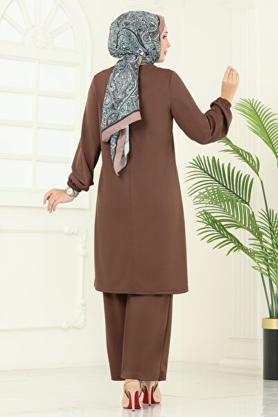 ModaMerve Aksesuar Düğmeli Tesettür Takım 456DVL817-MS Kahve