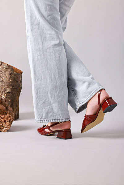 GÜLERSHOES Гарантовані короткі бордові туфлі на підборах з гострим носком, ремінцем на зап'ясті та ажурною підошвою, розміри 36-37-38-39-40.