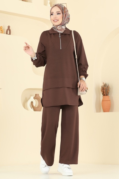 ModaMerve Yarım Fermuarlı Modal Kumaş Takım 5017HBS856-MS Kahve