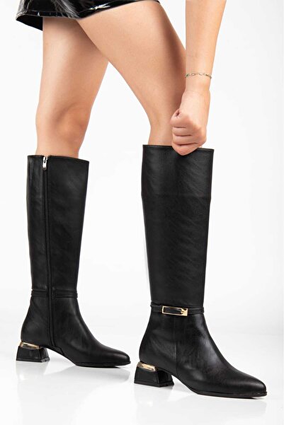 Lolo Life Suni Deri Tokalı Diz Altı Sine Çizme 4Cm Topuk lolo002