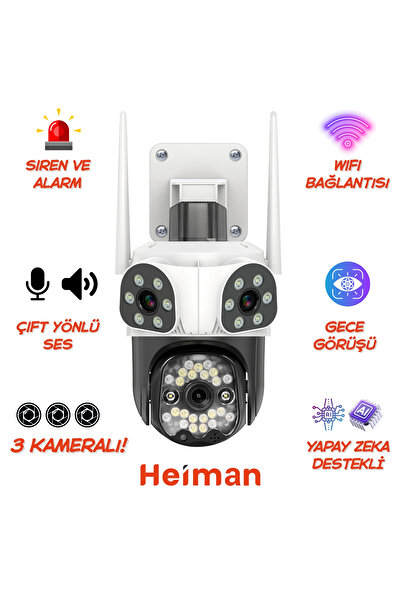 Heiman HM-666 3 KAMERALI 9MP WİFİ İnsan Takipli Alarmlı Sesli Kamera