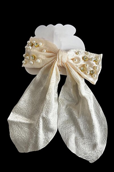 TAKIŞTIR Αυτόματη πόρπη με κρεμ χρώμα, κορδέλα, φιγούρα πέτρας και λεπτομέρεια με πέρλες