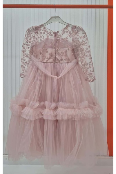 SCZ Pudra Rüya Çiçek Nakışlı Tül Kız Çocuk Abiye Elbise