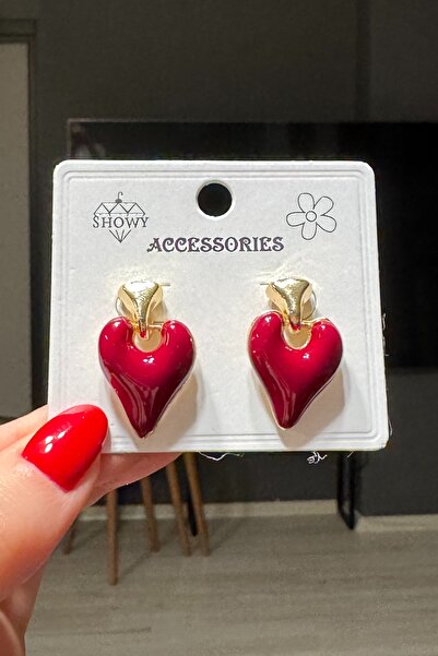 C&E Design Kadın Bordo Sallantılı Mineli Kalp Heart Küpe