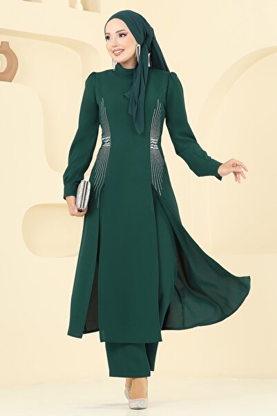 ModaMerve Yırtmaç Detaylı Şık Takım 2723SL432-MS Zümrüt