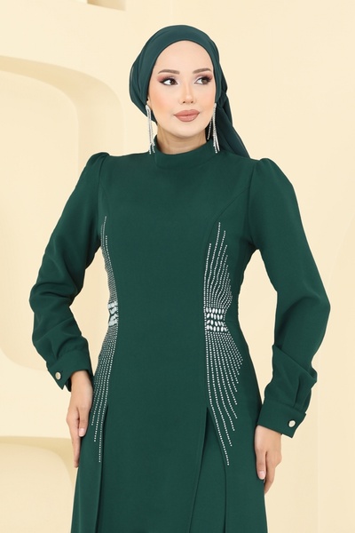 ModaMerve Yırtmaç Detaylı Şık Takım 2723SL432-MS Zümrüt