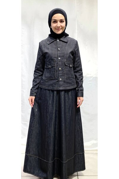STYLENEST Striped Jacket and Long Skirt Two-Piece Set - Hijab Combination