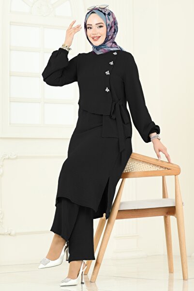 ModaMerve Önü Taşlı Bağcıklı Takım 2719SL432-MS Siyah