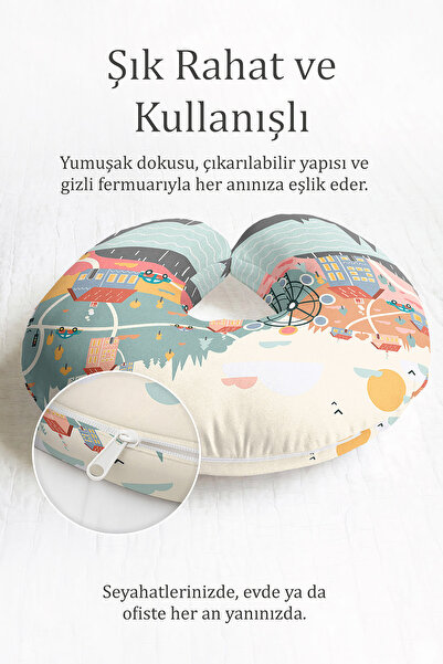 Evimde Bambaşka Şehir Temalı Pamuklu Boyun Yastığı - Pastel Renkli Manzara Desenli Yumuşak Seyahat Yastığı