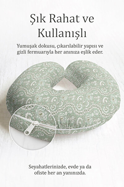Evimde Bambaşka Çiçekli Yeşil Ergonomik Boyun Yastığı - Vintage Desenli Açık Mint Seyahat Yastığı