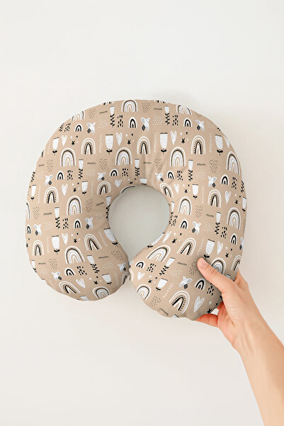 Evimde Bambaşka Pernă pentru gât cu model curcubeu boho - Pernă moale de călătorie, albă, bej modern