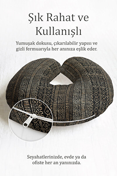 Evimde Bambaşka Etnički dezen Ergonomski jastuk za vrat - Geometrijski crno-s...