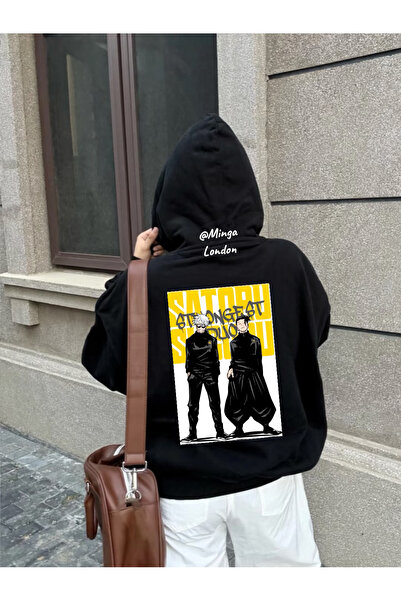 Minga London Negru Satoru cu imprimeu supradimensionat Unisex Swea tricou -Mi...