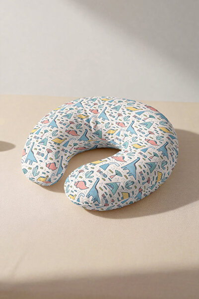 Evimde Bambaşka Dinosaur Patterned Cotton Neck Pillow - Cute Pastel Blue Yell...