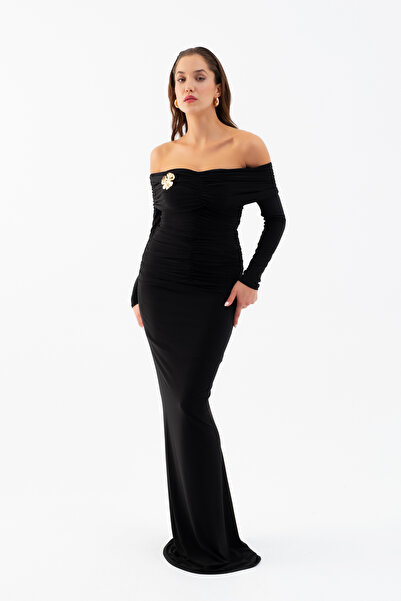 Lafaba Kadın Siyah Büzgü Detay Uzun Elbise