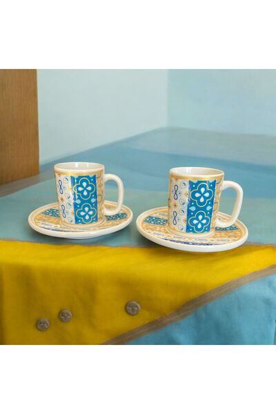Turkuaz Porselen Porselen 4 Parça 2'li Kahve Fincan Takımı 100 Ml Klasik