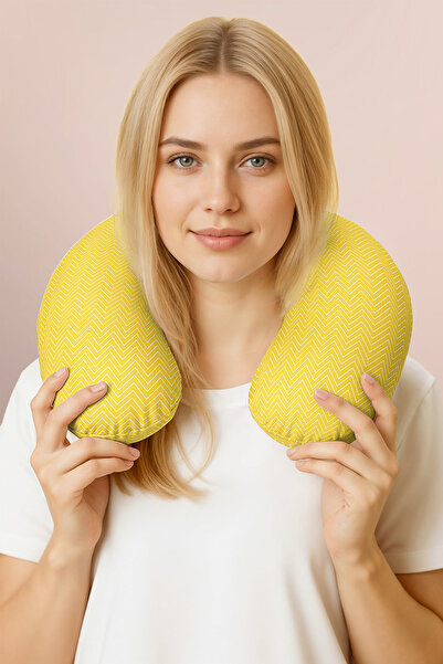 Evimde Bambaşka Yellow Zigzag Patterned Cotton Neck Pillow - Modern Style Whi...