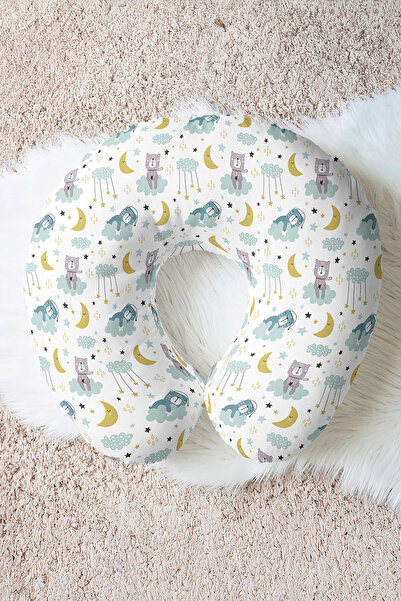 Evimde Bambaşka Pernă pentru gât din bumbac cu tematică de somn - Pernă de călătorie pentru copii și adulți cu model de nor colorat, lună și stea
