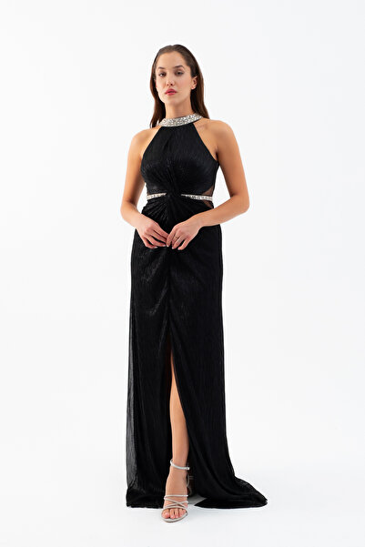 Lafaba Women's Black Halter Neck Stone Long Evening Dress