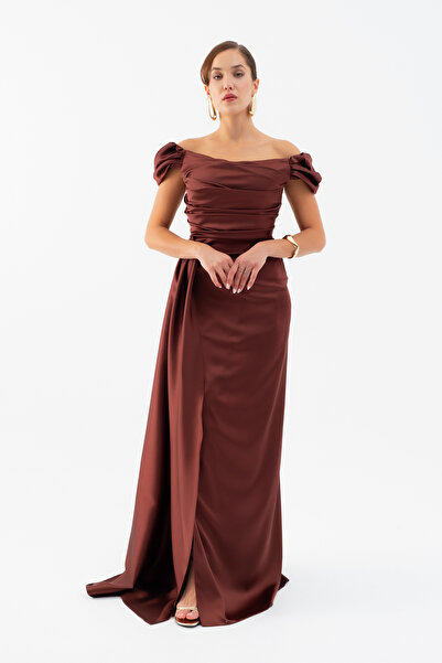 Lafaba Дамска кафява вечерна рокля с дълъг сатенен подол и деколте тип лодка и рокля за дипломиране