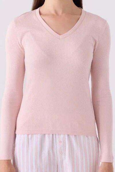 Arnetta Women's V-Neck Knitted Pink Long Sleeve Pajama Set