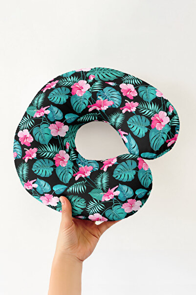 Evimde Bambaşka Tropical Floral Neck Pillow - Vibrant Green Pink Black Adult ...