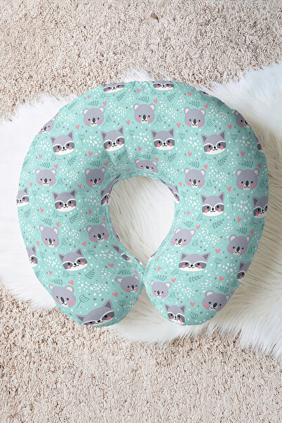 Evimde Bambaşka Pernă de gât din bumbac cu figurine de animale drăguțe - Pernă de călătorie pentru copii și adulți, gri pastel mentă