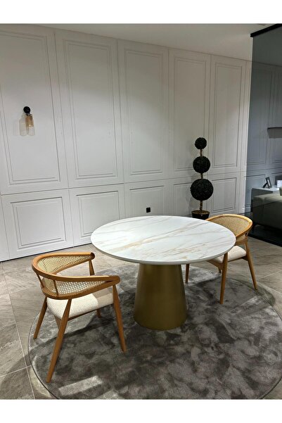 Meser Mobilya YUVARLAK MERMER DESEN MDF MUTFAK MASASI / GAZEL HASIRLI AHŞAP S...